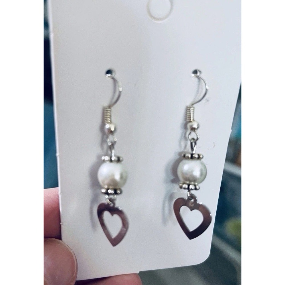 Earrings Heart Silver Tone White Bead Drop Hook Handmade Cottage Love Boho Chic